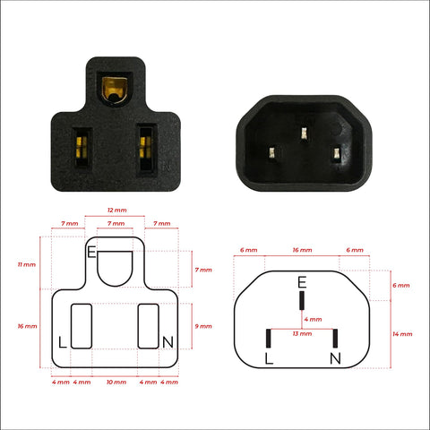 greenDracaena IEC320 C14 to NEMA 5-15R adapter side angle highlights compact nylon housing.