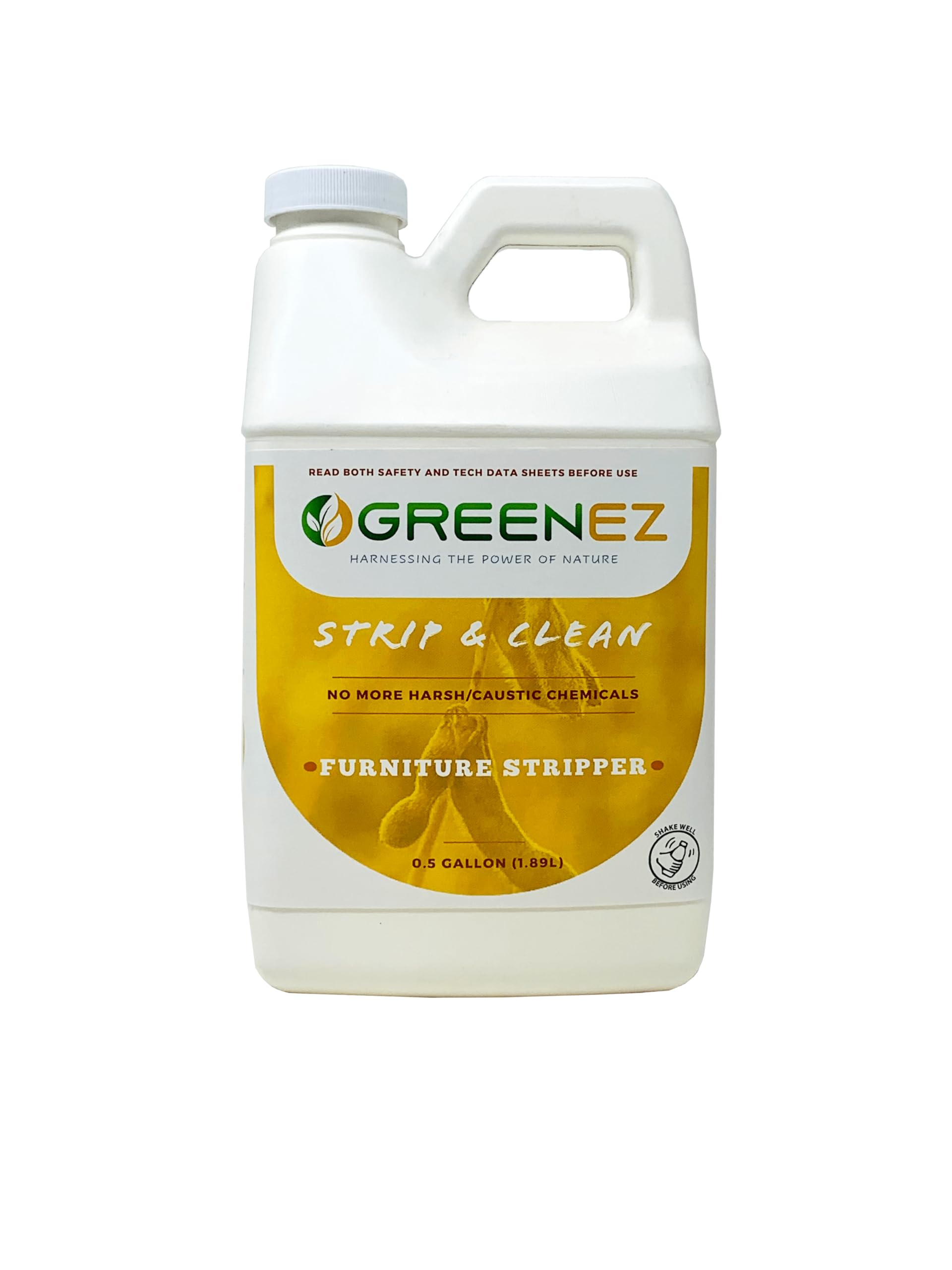 GREENEZ Furniture Strip & Clean bottle pour for safe paint removal on wood surfaces.