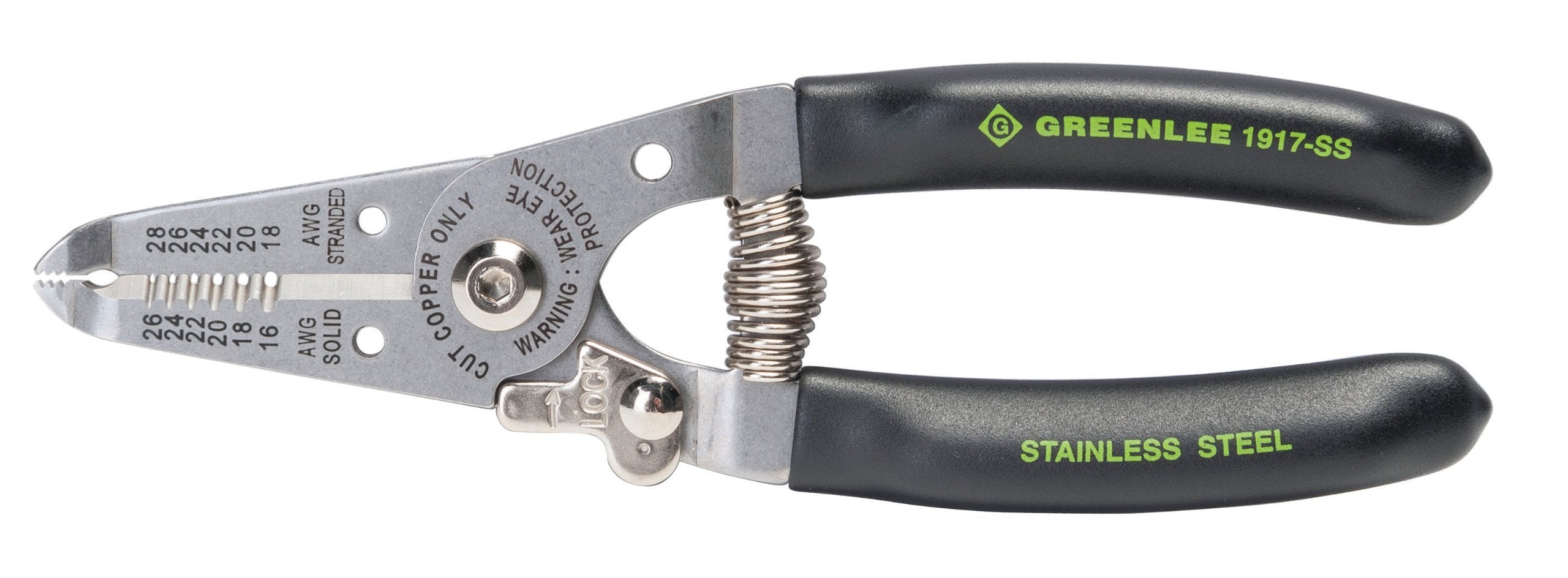 Greenlee 1917-SS wire stripper in action cutting wires for clean insulation removal.