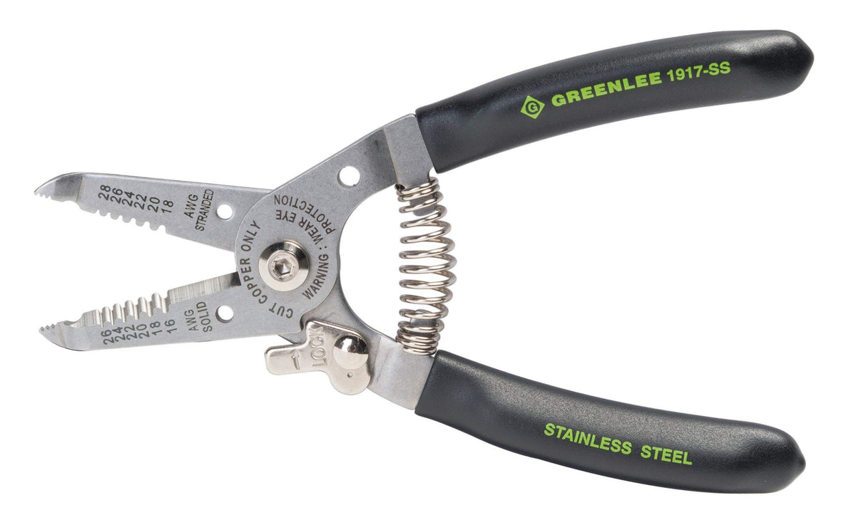 Greenlee 1917-SS wire stripper handle closeup with ergonomic grip for comfort.
