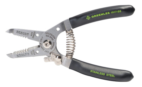 Greenlee 1917-SS wire stripper handle closeup with ergonomic grip for comfort.