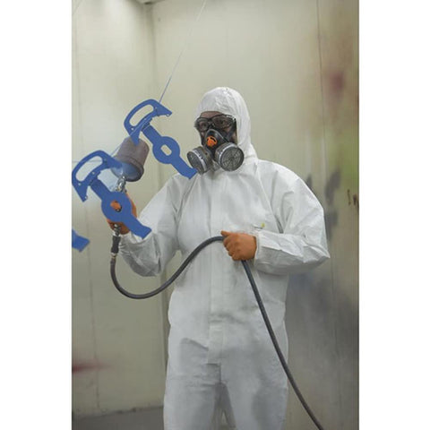 Greenour disposable coveralls front-zip detail, easy on and off during work.