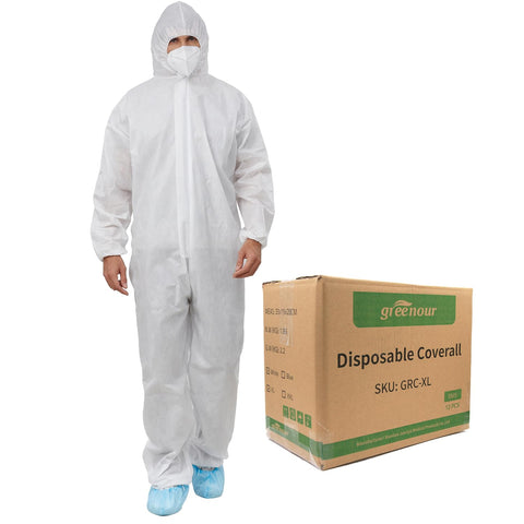 Greenour white SMS painter suit with front zipper for quick changes and comfort.