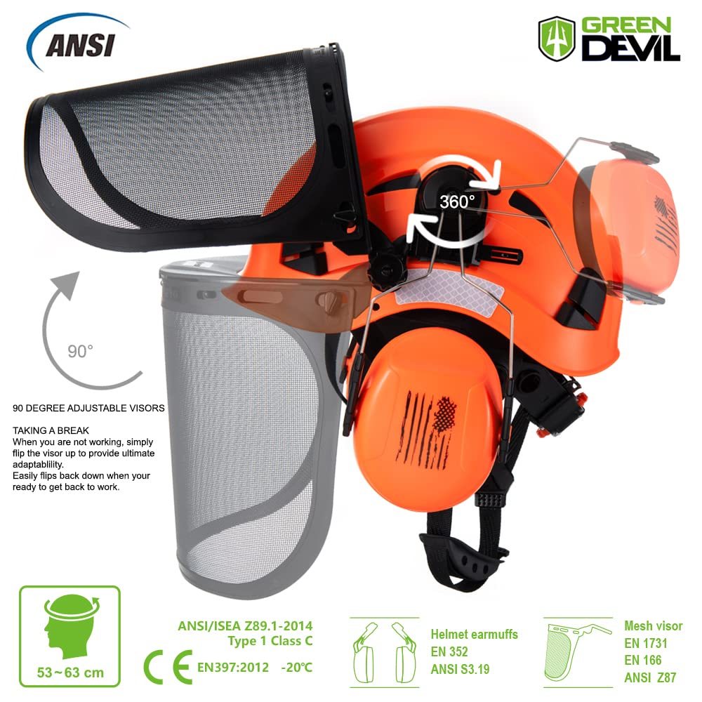 GREEN DEVIL earmuffs with 25 dB NRR for quieter operation.
