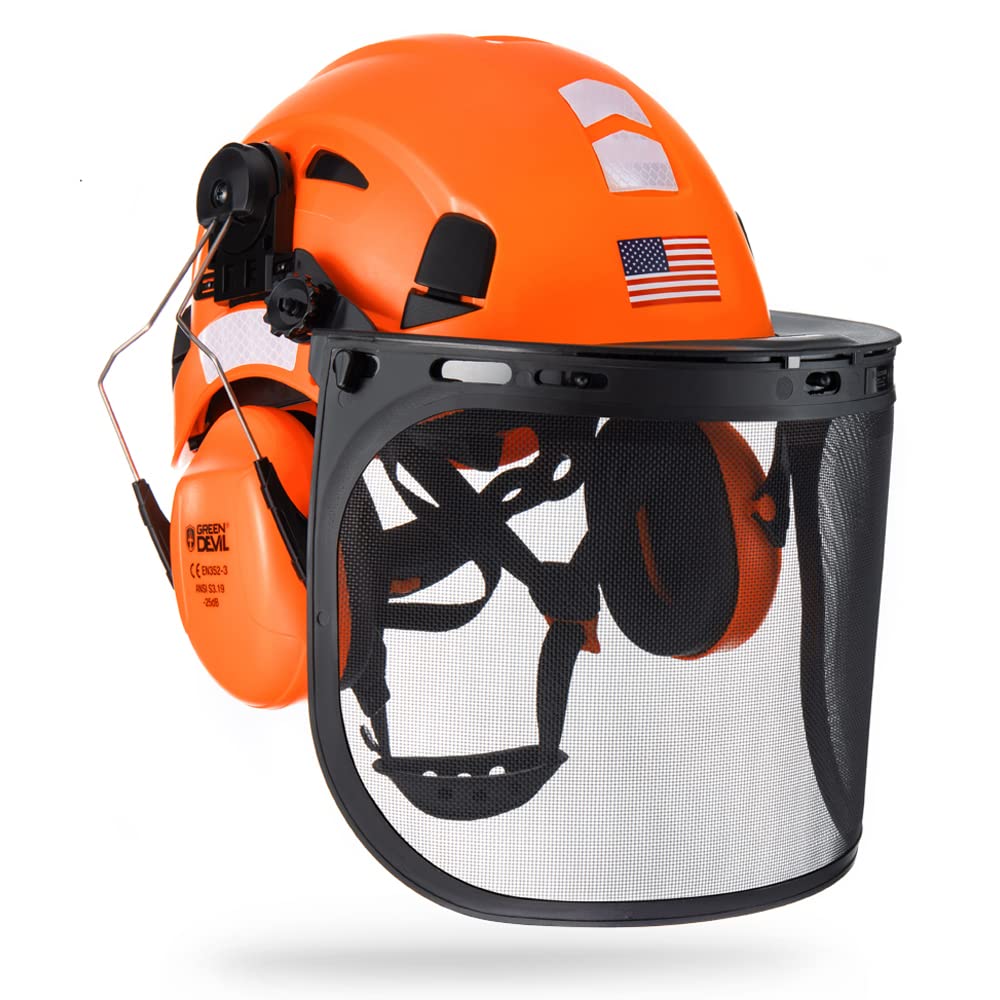 GREEN DEVIL forestry helmet front view with mesh shield for clear visibility.