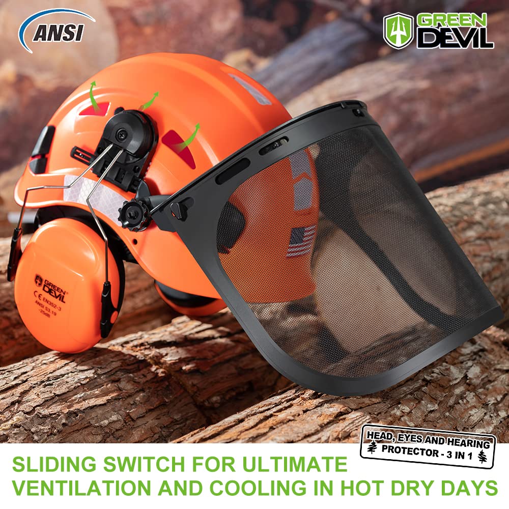 GREEN DEVIL mesh visor detail protects face while working in debris.