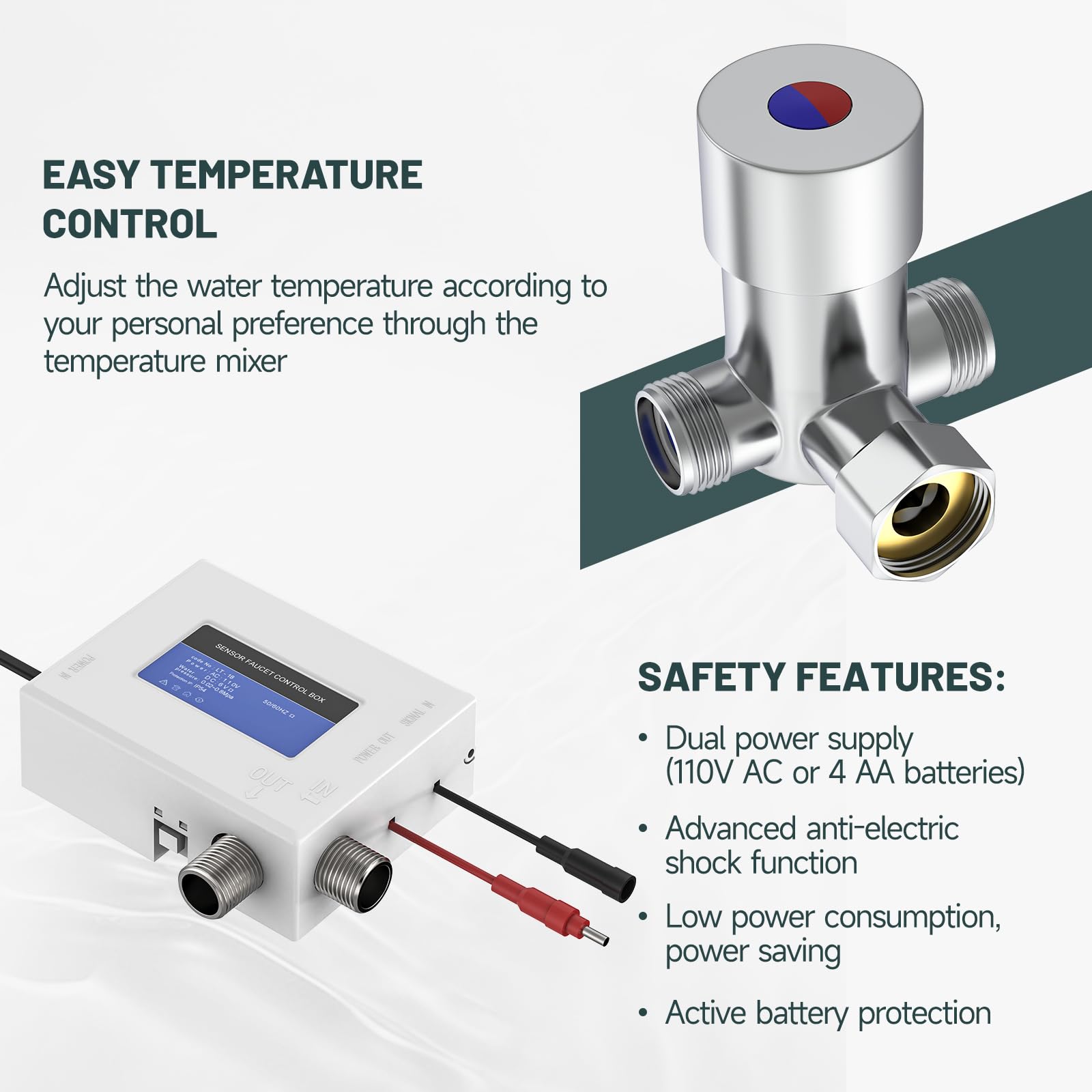 Greenspring touchless faucet control-box supporting reliable dual-power operation.