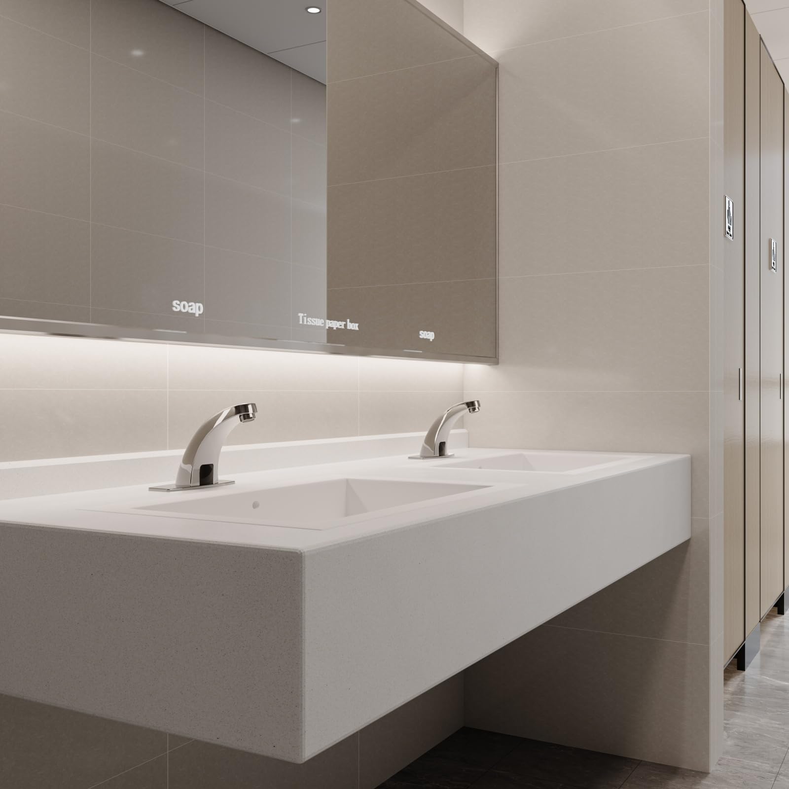 Greenspring touchless faucet hands-free wash scenario promoting hygienic use.