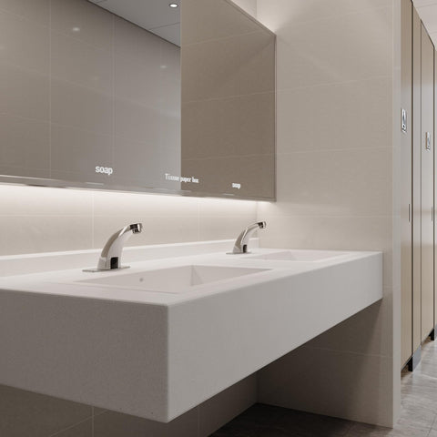 Greenspring touchless faucet hands-free wash scenario promoting hygienic use.