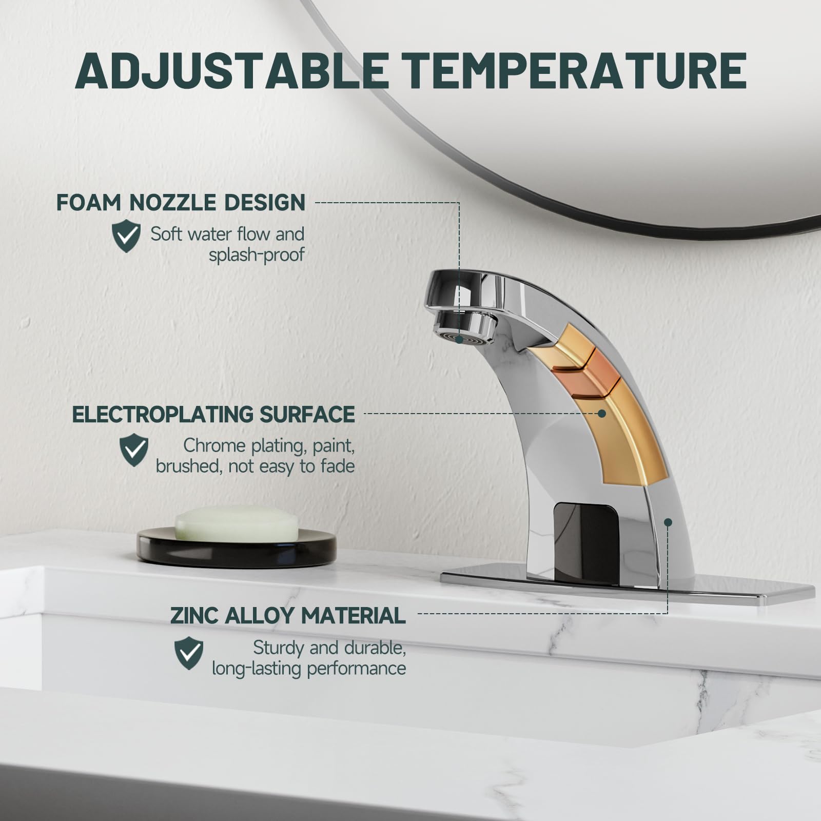 Greenspring touchless faucet zinc-alloy body with enduring chrome coating.