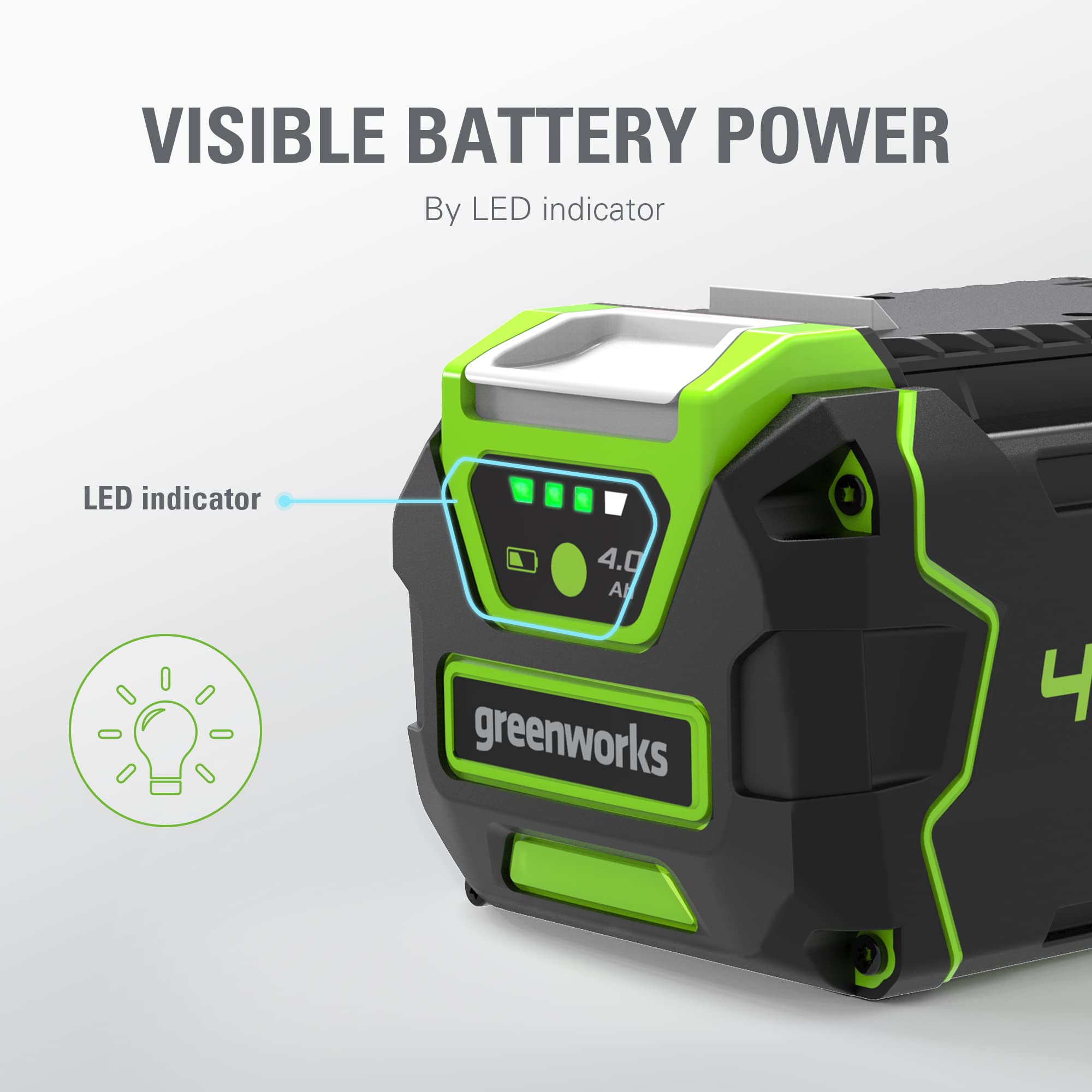 Greenworks 40V battery with charge indicator helps monitor power level at a glance.