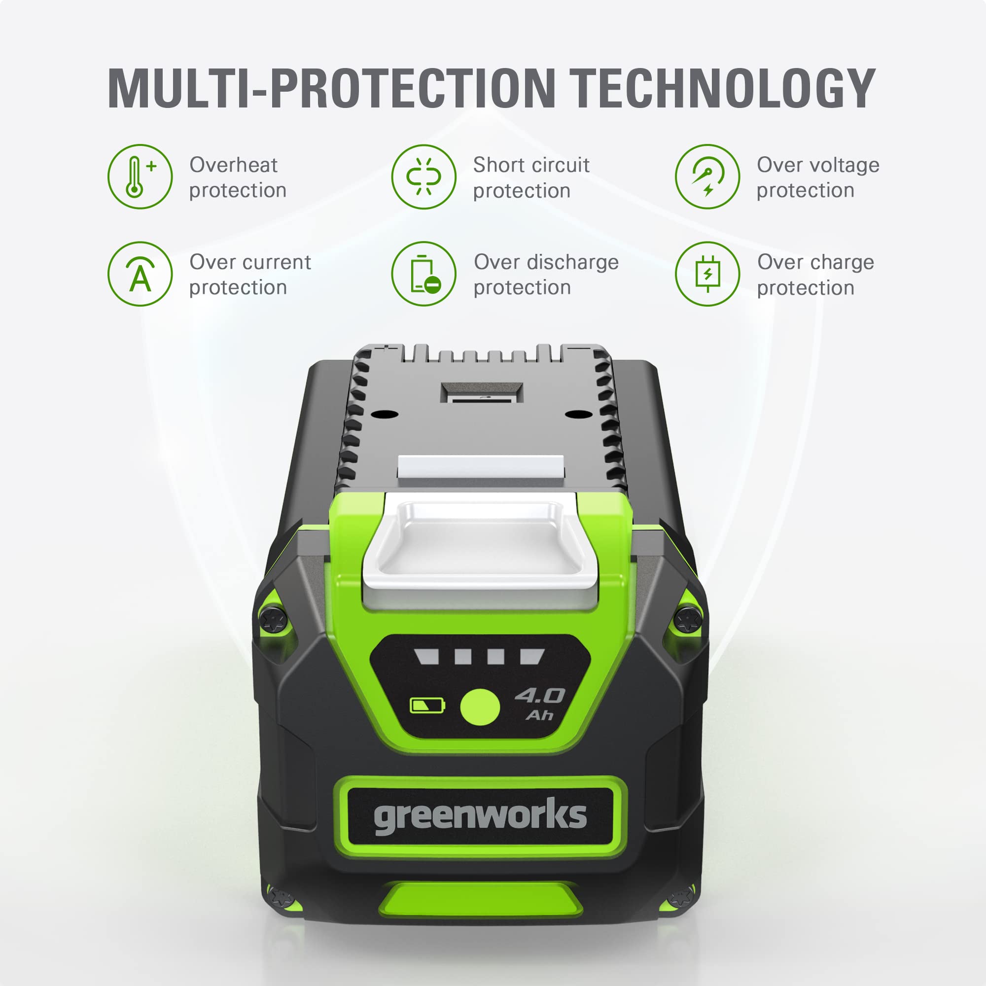 Greenworks 40V battery shown in snap-in design for easy tool swapping.