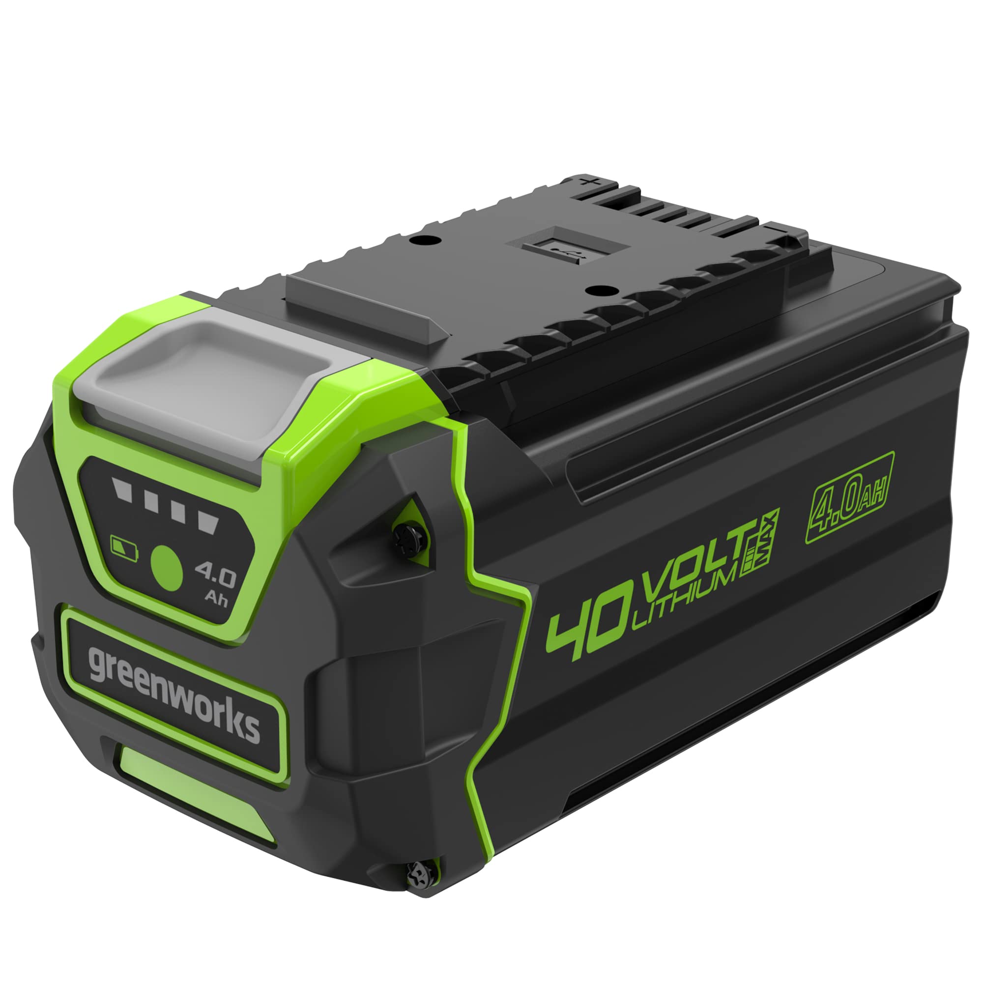 Greenworks 40V battery with USB charging port for quick power on the go.