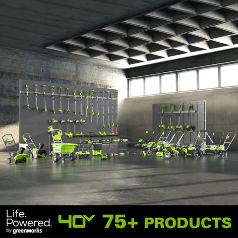 Greenworks 40V battery is ready for yard work, with portable charging options.