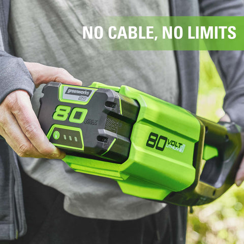 Greenworks PRO 80V 2Ah battery shown with compatible GCH8040 charger.