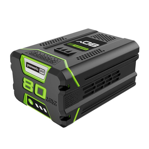 Greenworks PRO 80V 2Ah battery in use on a lawn for cordless power.
