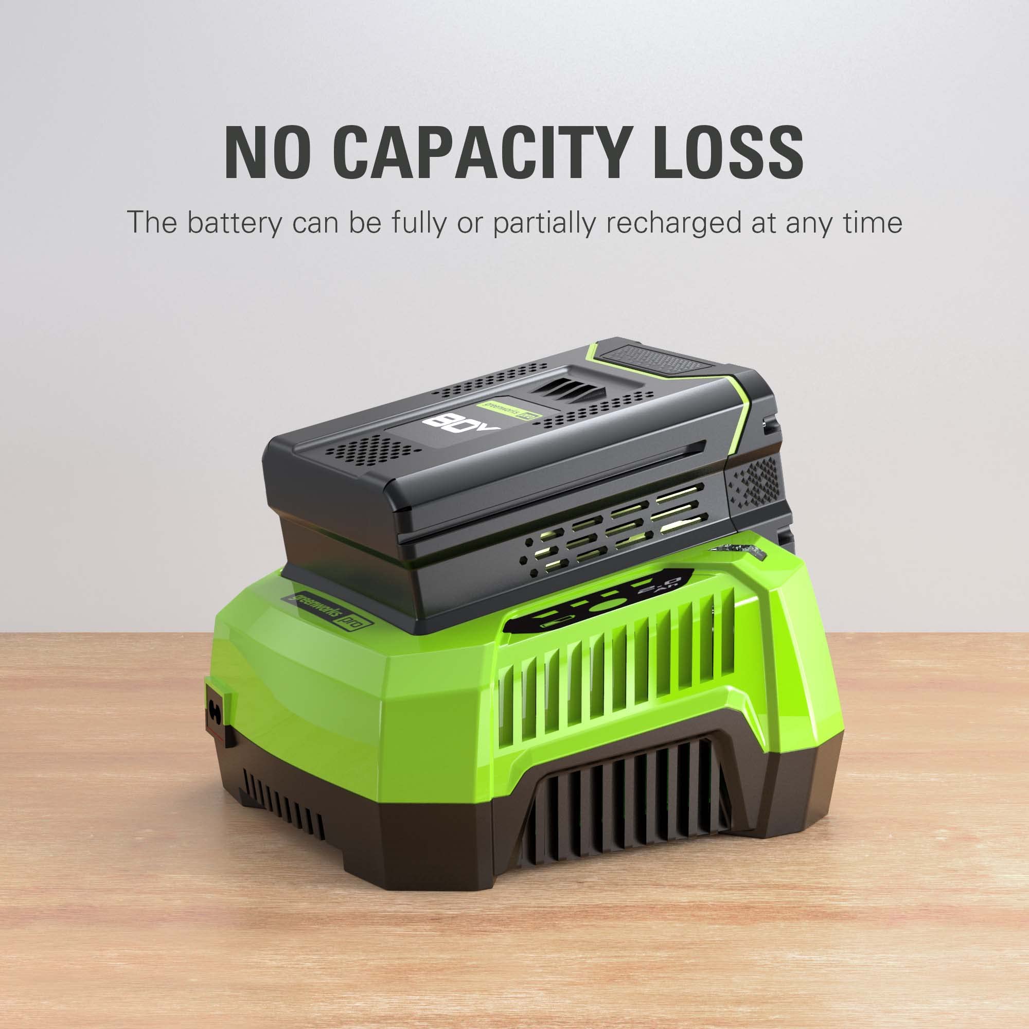 Greenworks PRO 80V 2Ah battery operates quietly for garden chores.