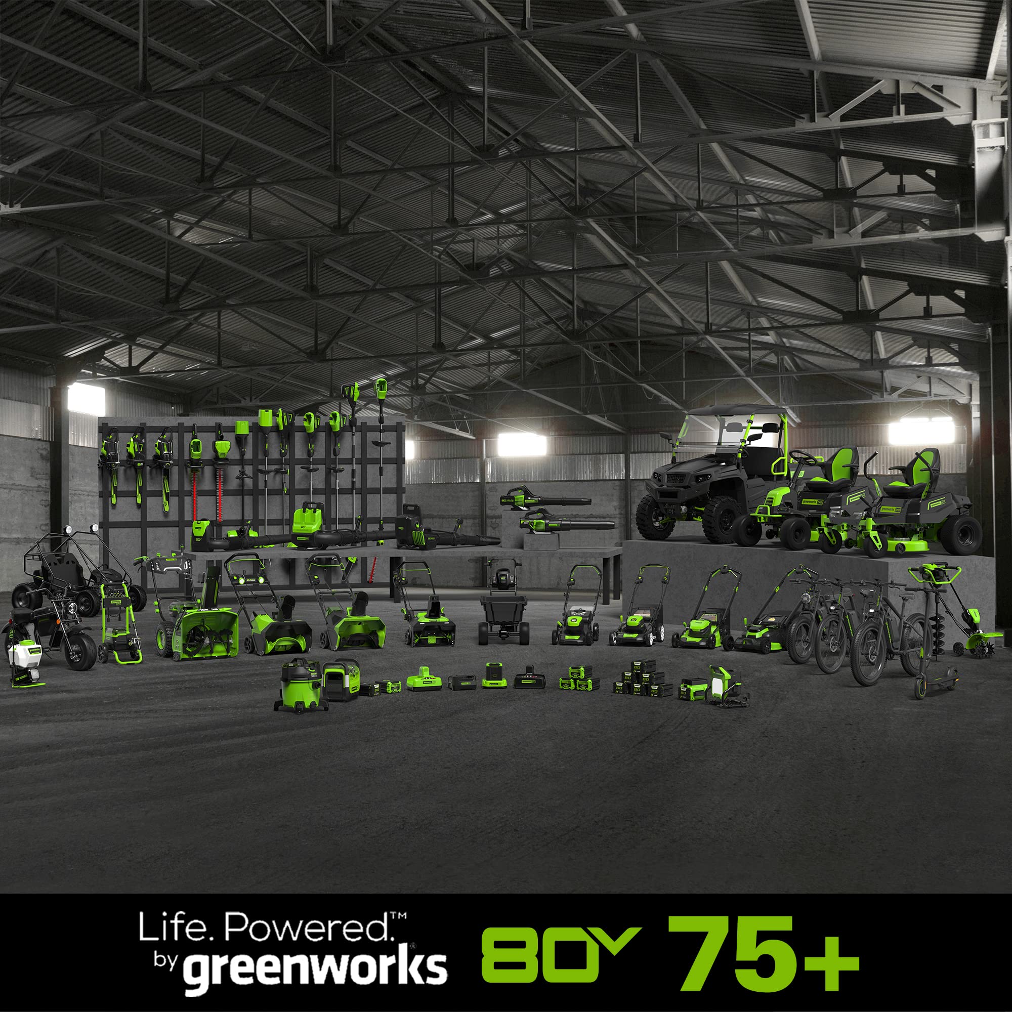 Greenworks PRO 80V 2Ah battery with zero emissions for outdoor use.