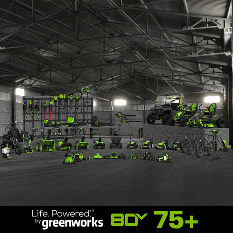 Greenworks PRO 80V 2Ah battery with zero emissions for outdoor use.