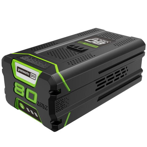 Greenworks PRO 80V 4.0Ah battery with rapid-charge capability for fast power restoration.