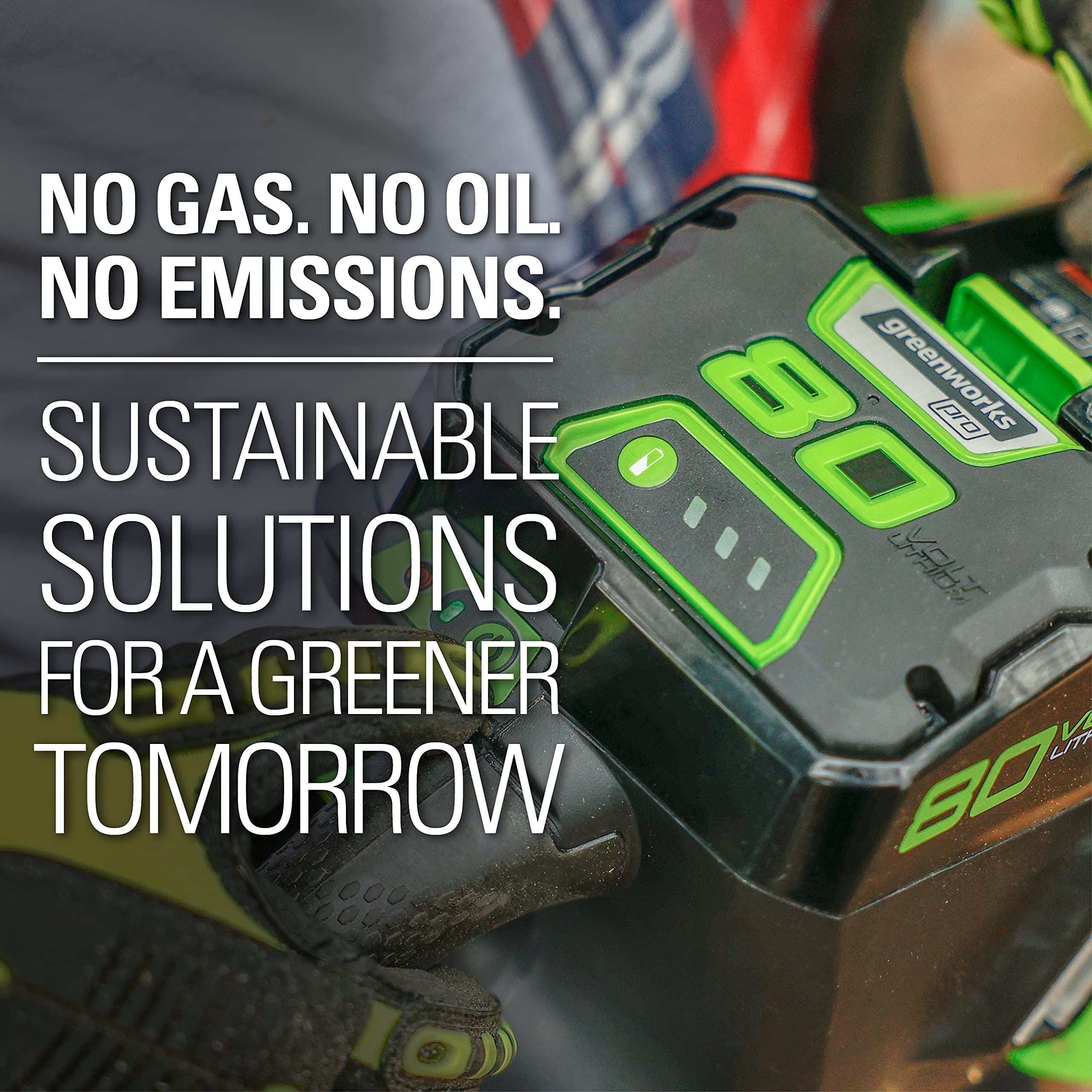 Greenworks PRO 80V battery in use with a hedge trimmer.
