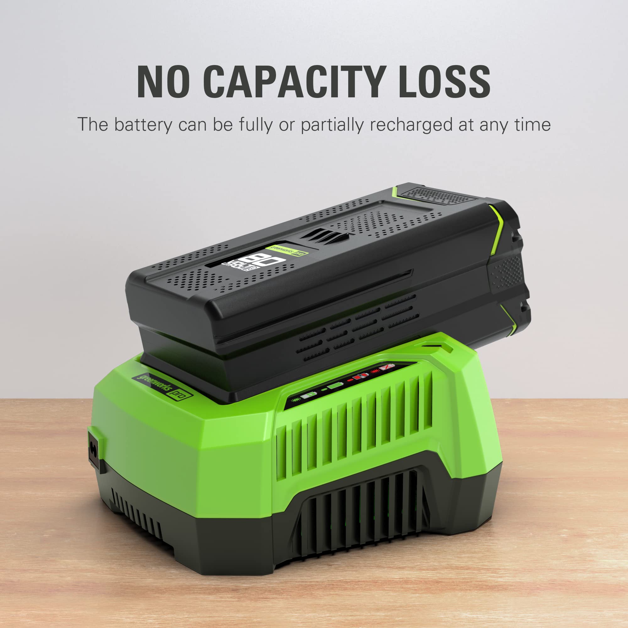 Greenworks PRO 80V lithium-ion battery delivers fade-free, reliable power.