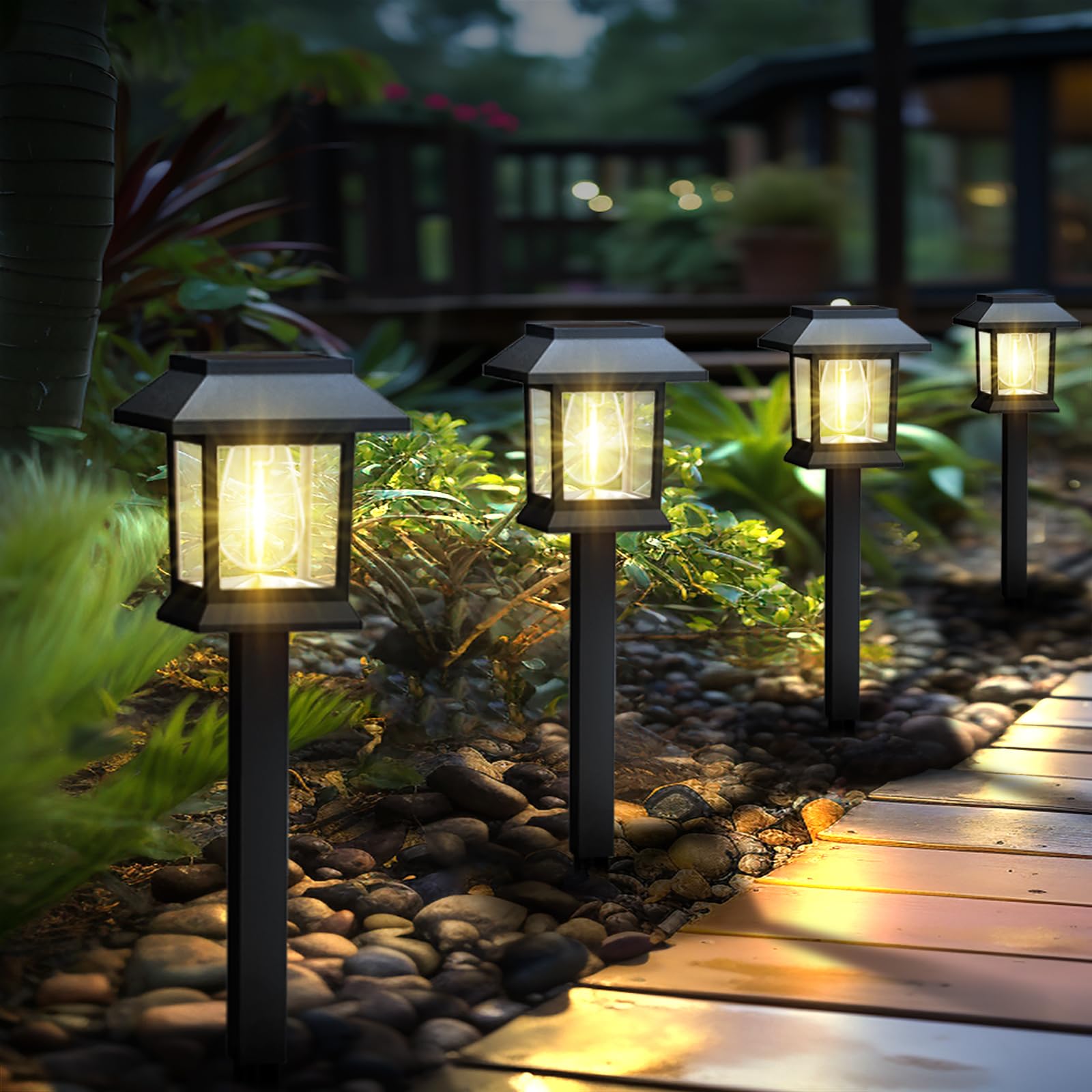 Greluna solar lights with Edison-style bulb add classic curb appeal to pathways.