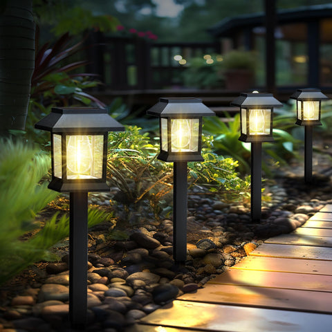 Greluna solar lights with Edison-style bulb add classic curb appeal to pathways.
