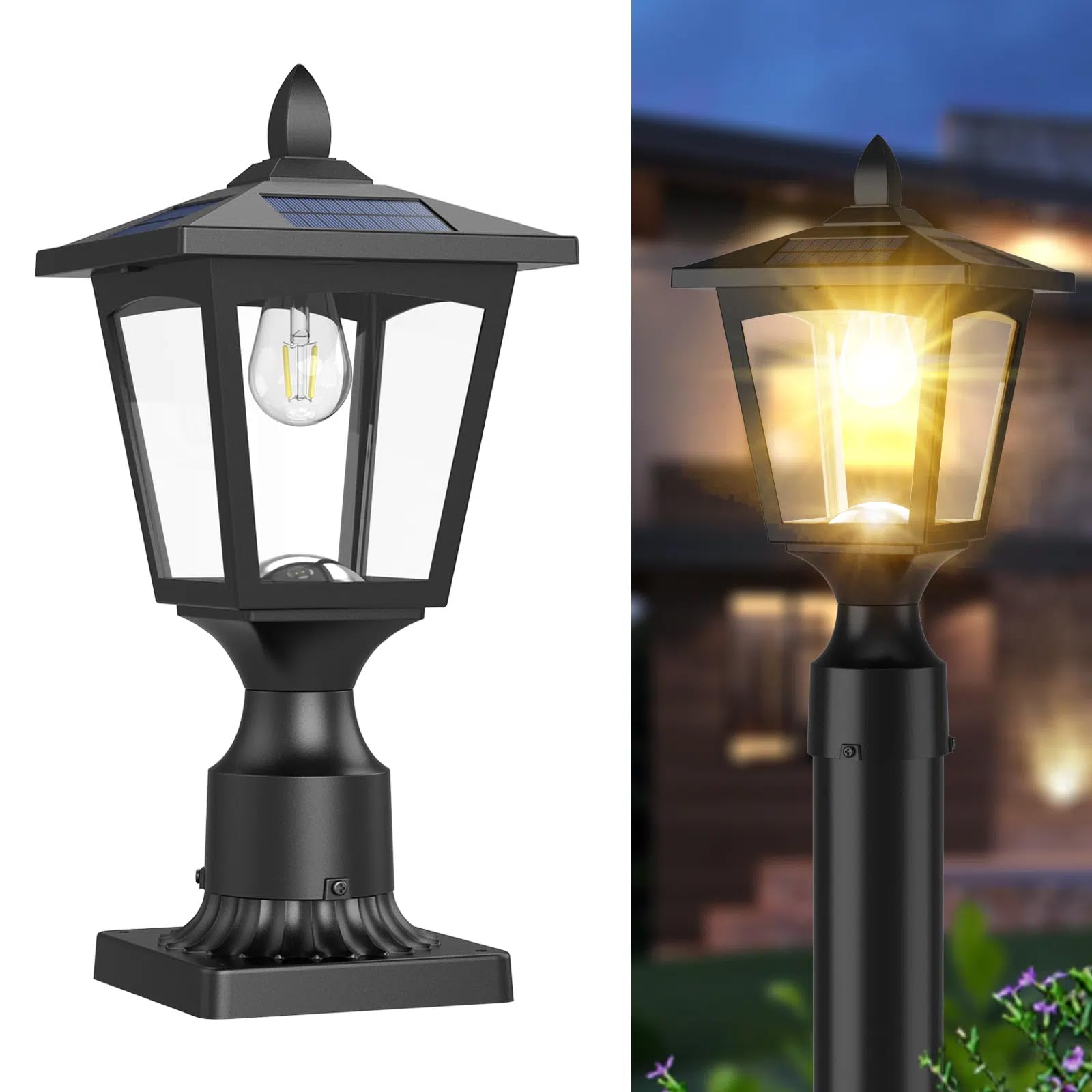 Greluna solar post light illuminates dusk to dawn along a pillar base, enhancing safety and curb appeal.