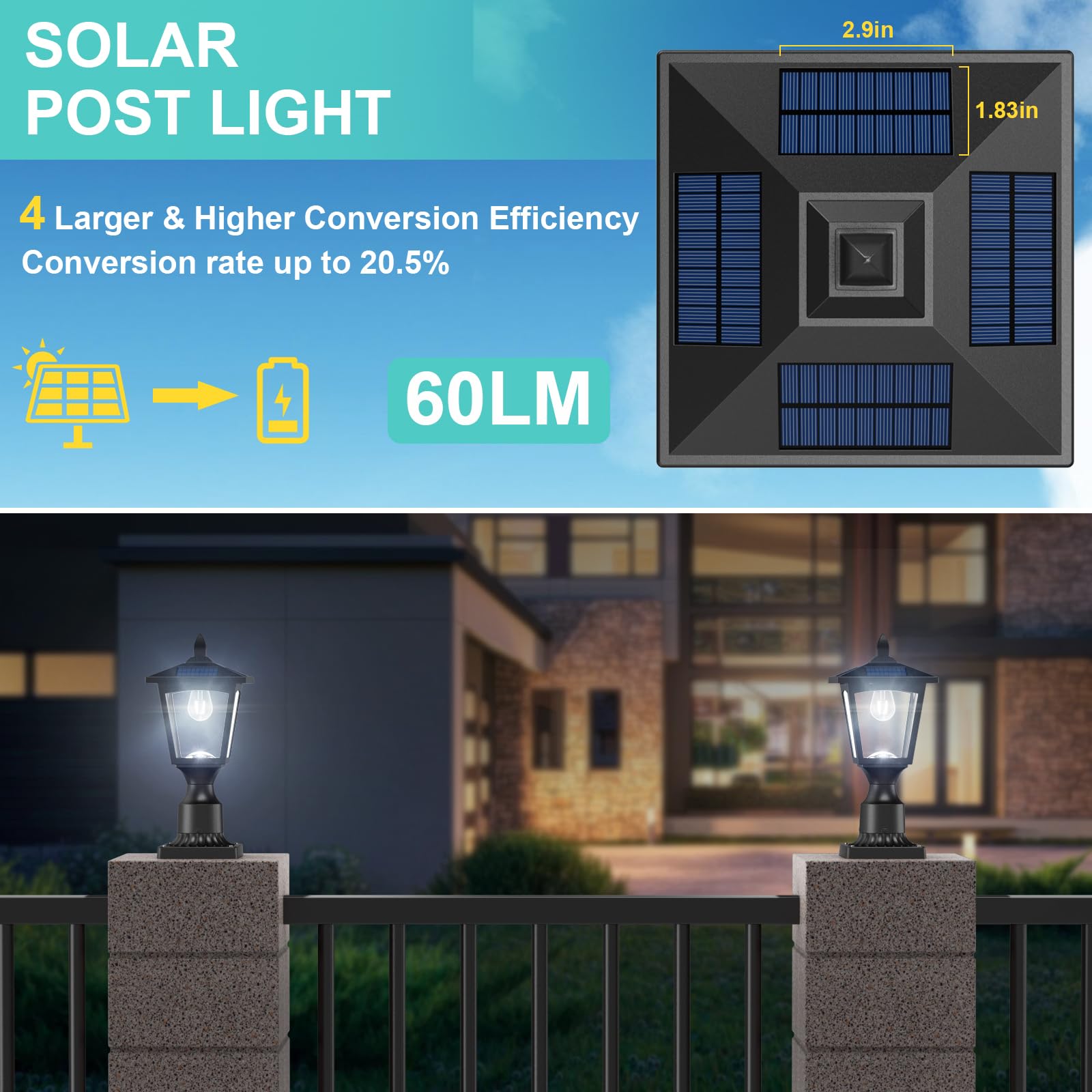 Greluna solar post light with hex base enables easy mounting.
