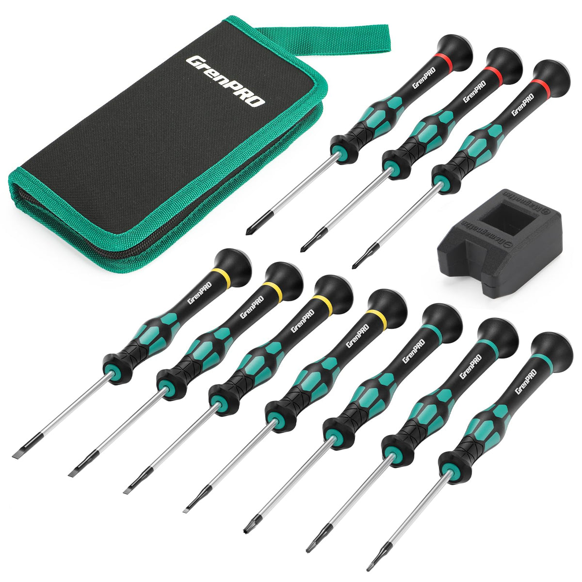GRENPRO 10-piece precision screwdriver set laid out with all tip types for micro repairs