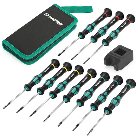 GRENPRO 10-piece precision screwdriver set laid out with all tip types for micro repairs