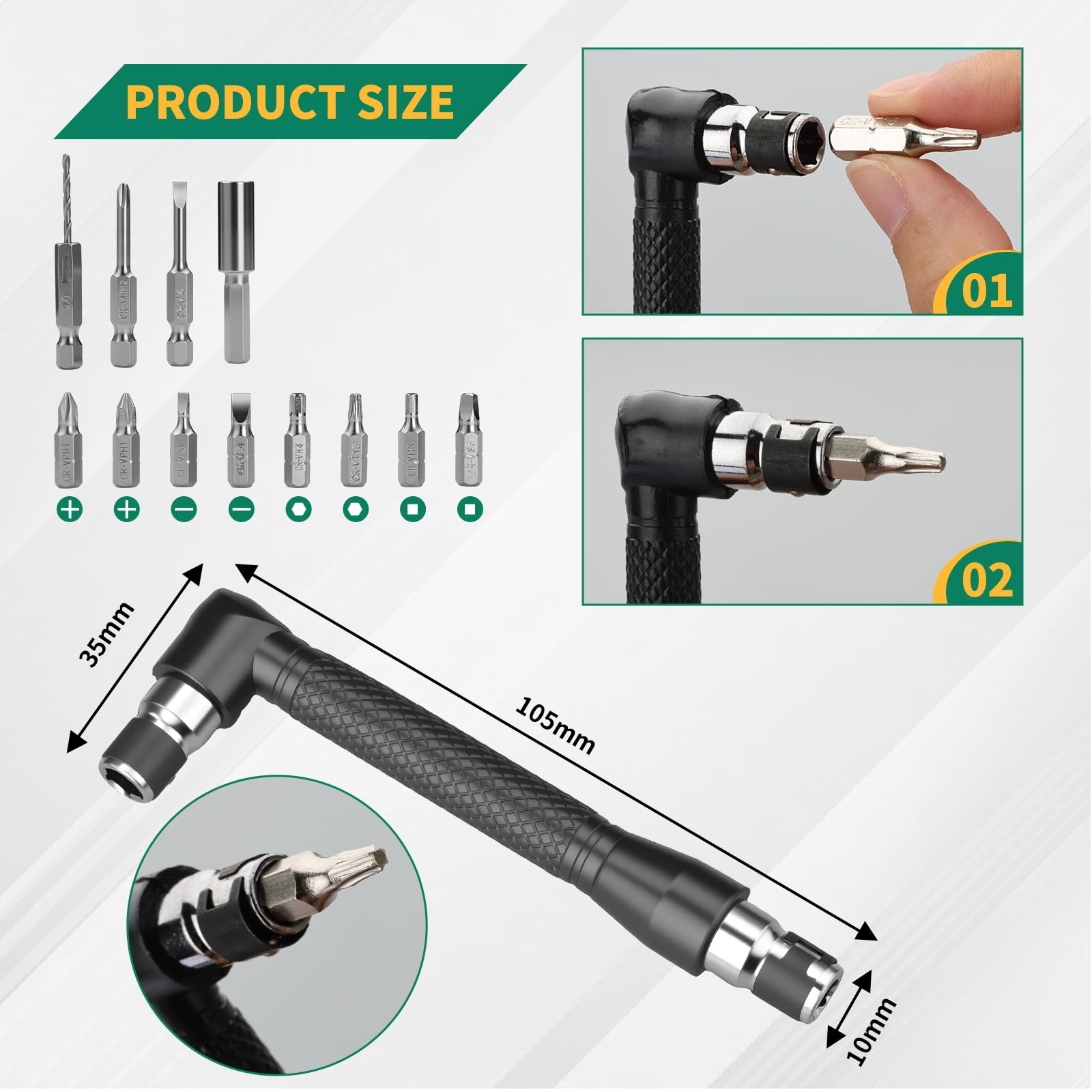 Grenpro 105-degree right-angle attachments offer precise access to cramped gaps.