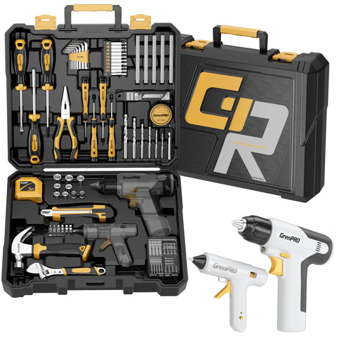 GRENPRO 188-piece tool set laid out for home repairs and DIY projects