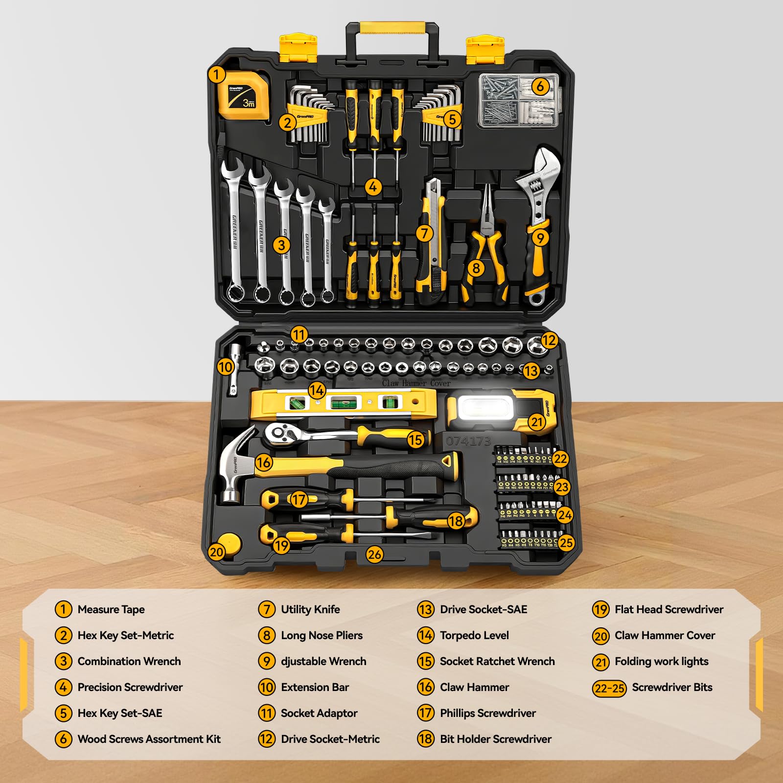 GRENPRO 219PCS tool set with folding work light for dim tasks.