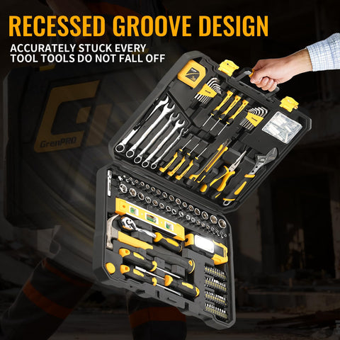 GRENPRO 219PCS tool set including measuring tape for precise layouts.