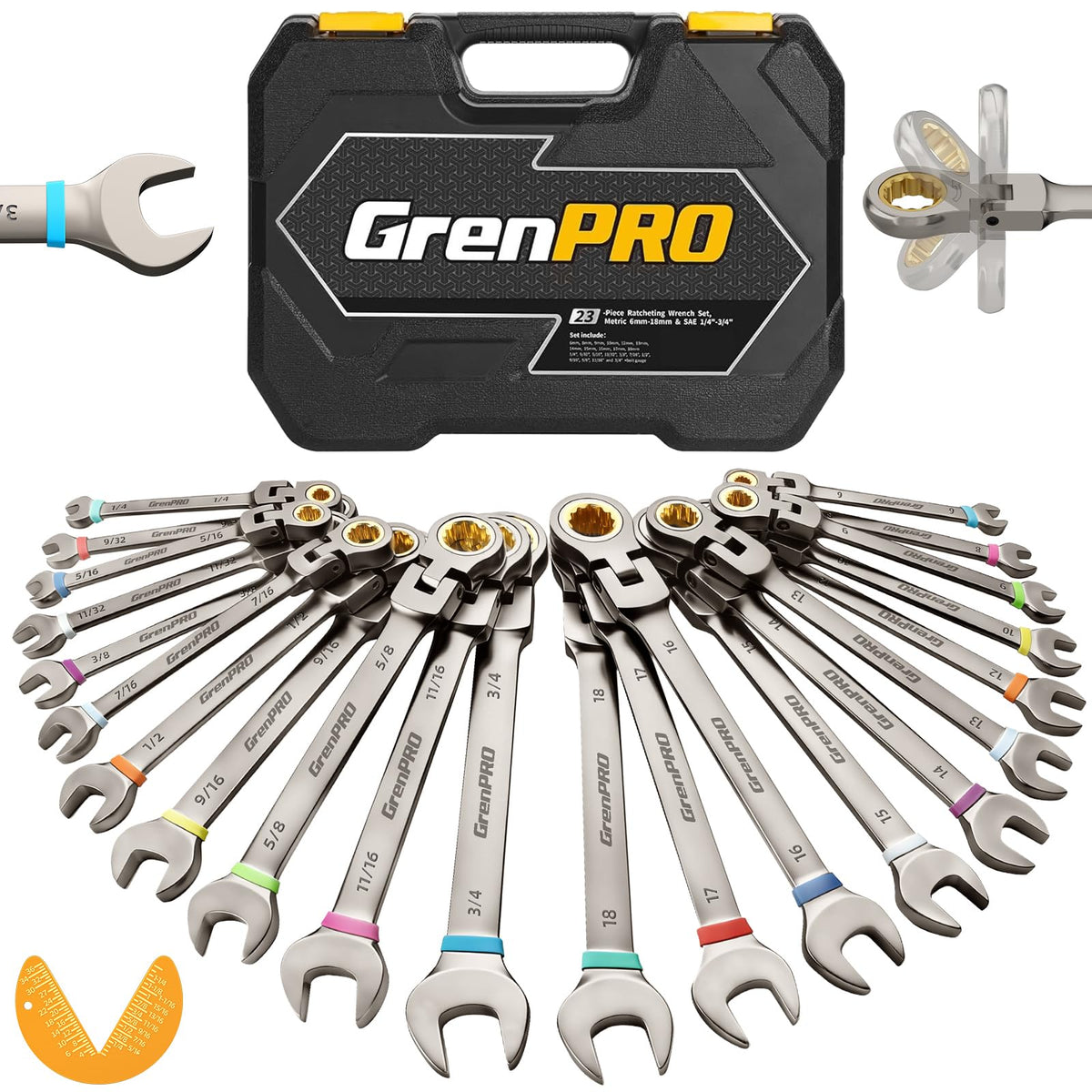 Grenpro 23pcs flex-head wrench set in closed case for easy transport