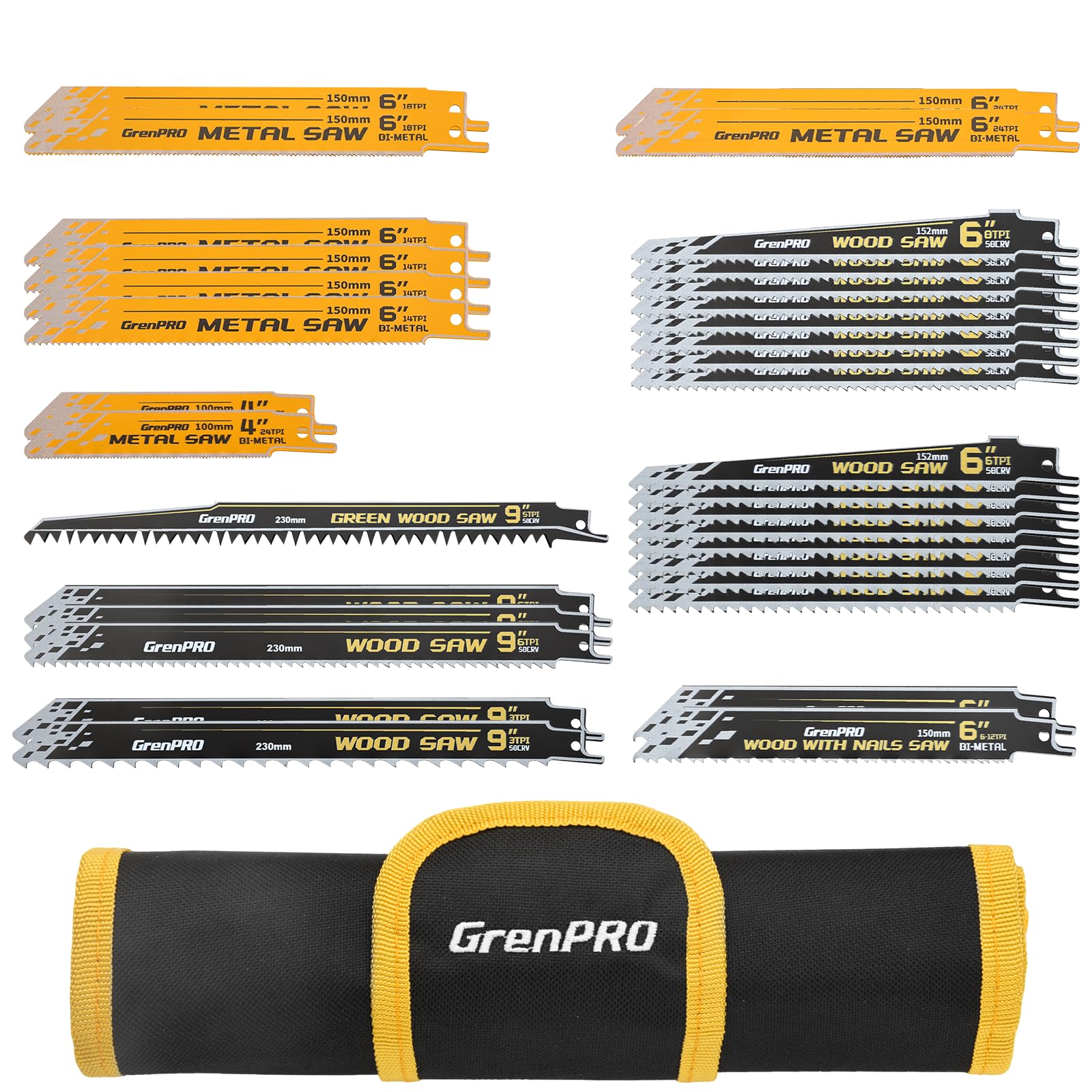 Grenpro 34-piece saw blade set with organizer pouch for versatile metal and wood cutting