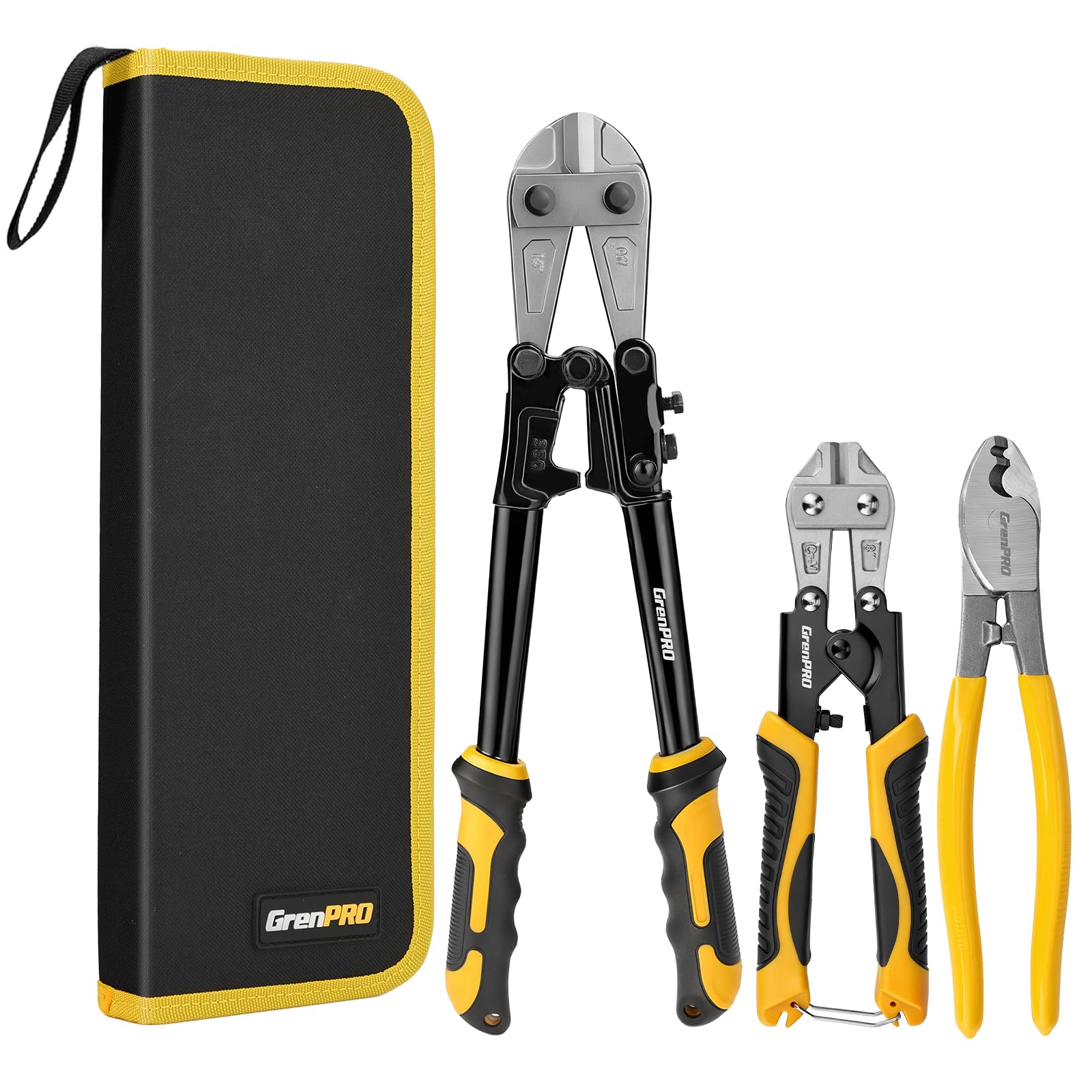 Grenpro 3-piece bolt cutter set in carrying pouch for organized tools.