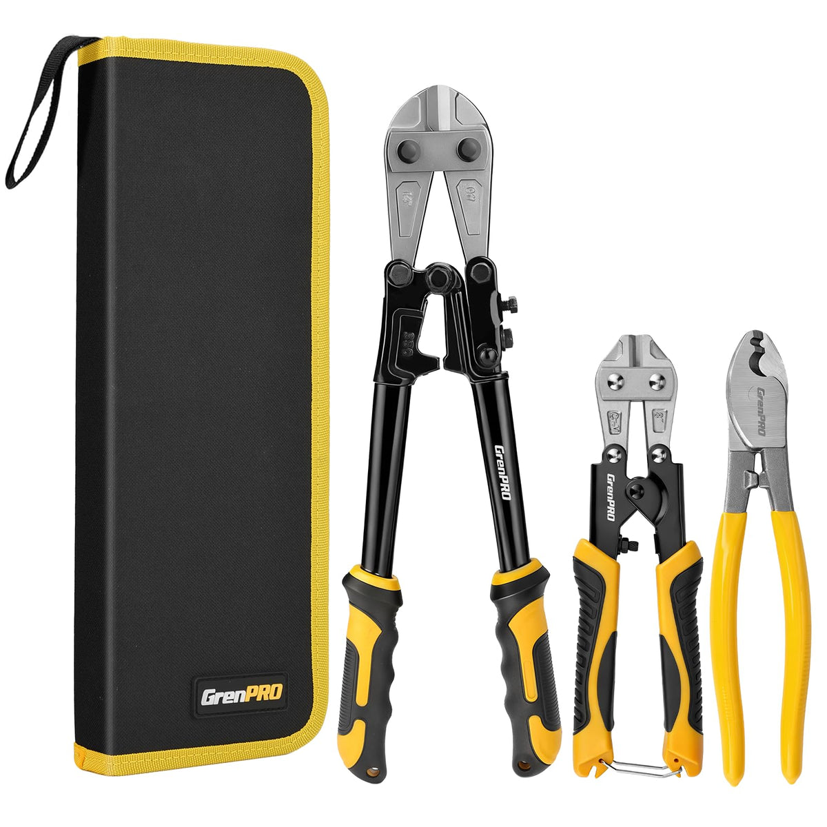 Grenpro 3-piece bolt cutter set in carrying pouch for organized tools.