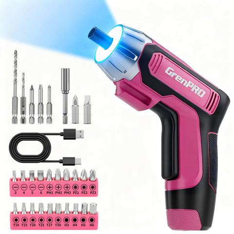 GRENPRO 4V electric screwdriver pink for quick furniture assembly.