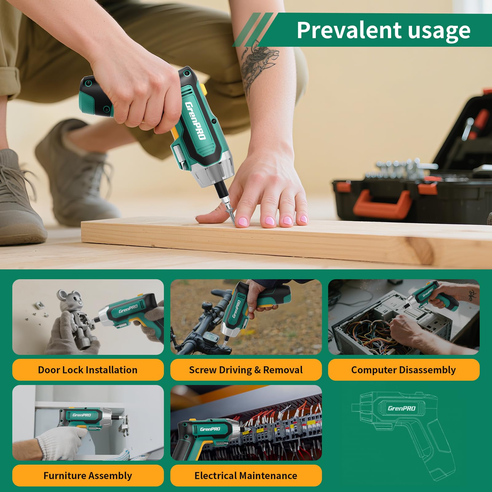 GRENPRO 4V screwdriver lithium-battery provides cordless convenience.
