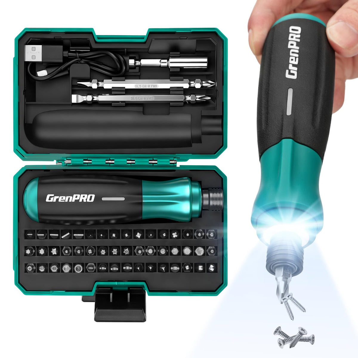 GRENPRO 4V screwdriver with compact case for quick home repairs.