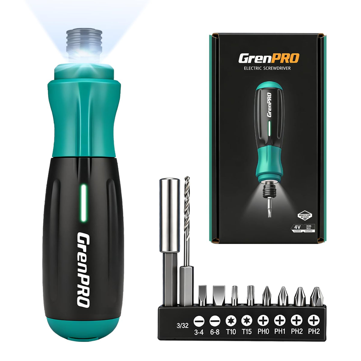GRENPRO 4V screwdriver with magnetic bit set for easy DIY bit changes