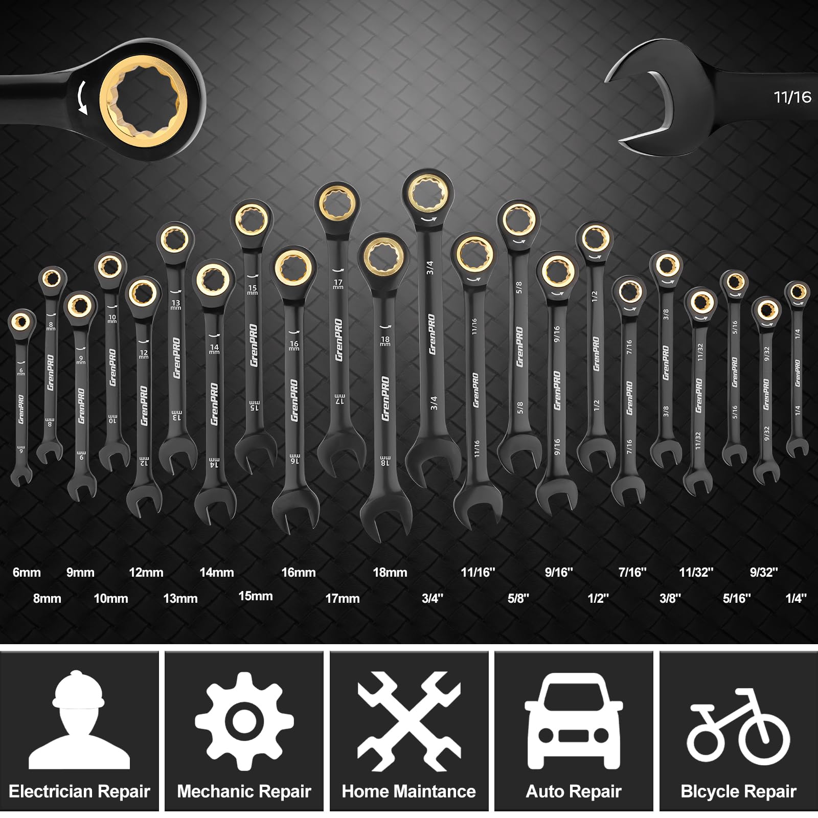 GRENPRO 72-tooth ratcheting gears enable tight-space work.
