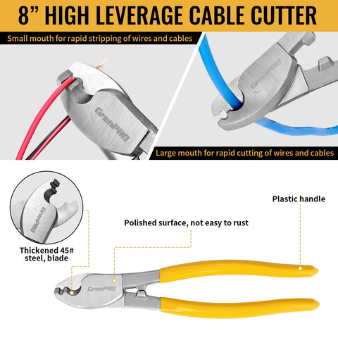 Grenpro 8-inch cable cutter cleanly slices cables and wire.
