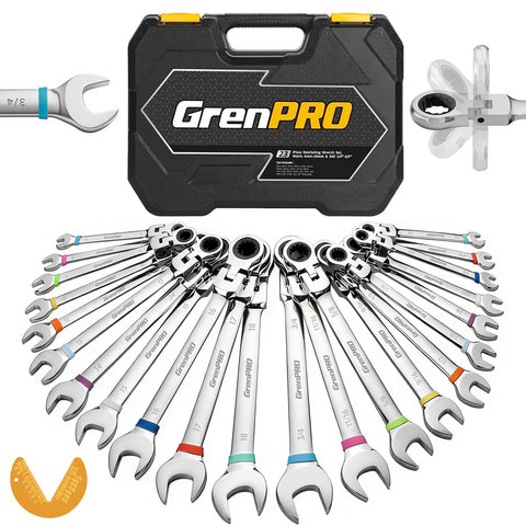 Grenpro flex-head ratcheting wrenches in a compact case for tight-space automotive work.