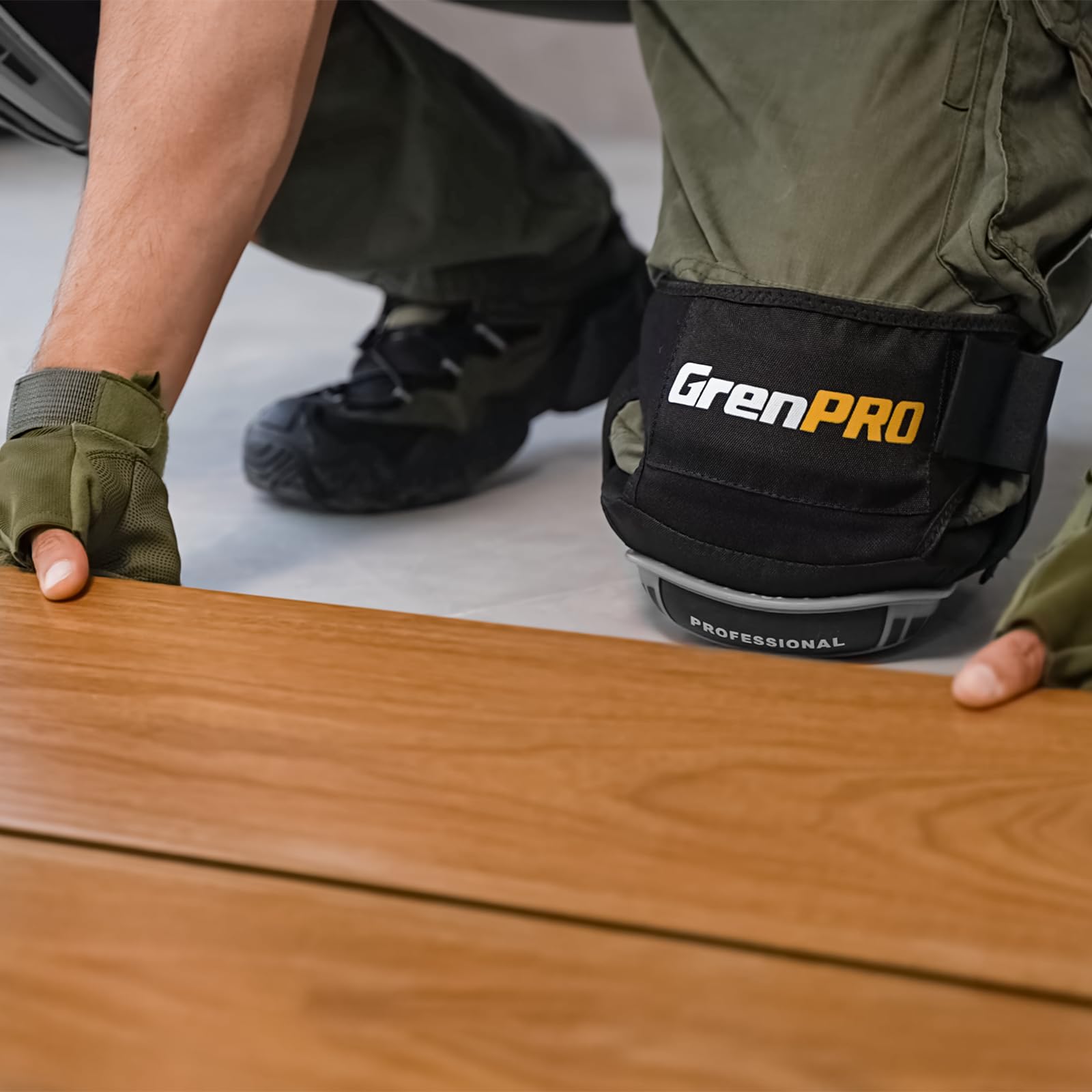 GRENPRO knee pad with adjustable-strap ensures quick, secure fit for varying sizes.