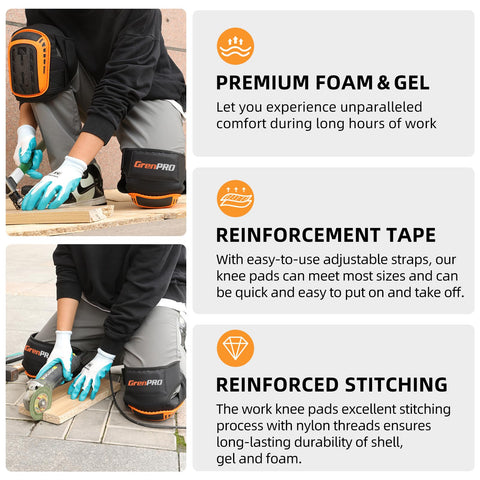GRENPRO knee pads orange shell visible as professional work gear