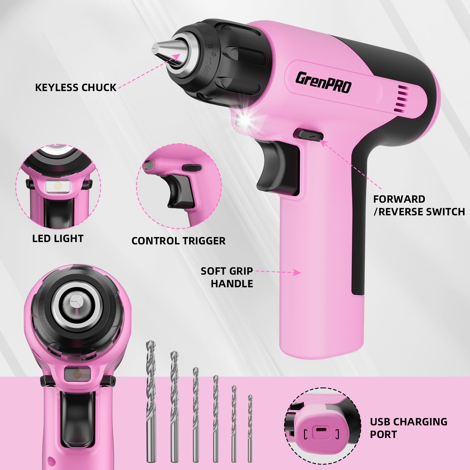 GRENPRO pink drill with magnetic bit holder and LED work light.